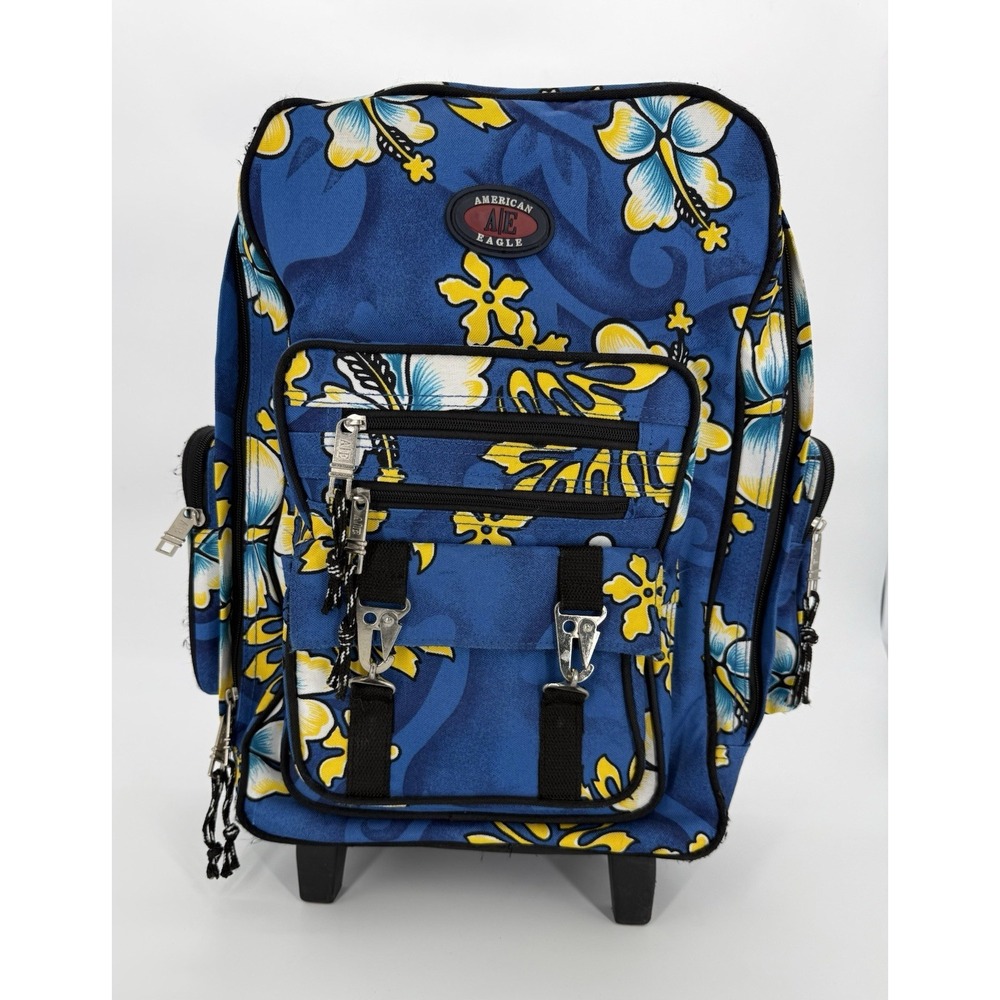 American Eagle Blue Hawaiian Hibiscus Rolling Backpack Carry On Travel Bag VTG